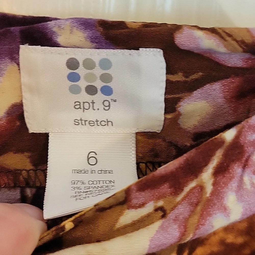 Apt. 9 Stretch Skirt 6 A-line Purple Brown Tan Yellow Floral